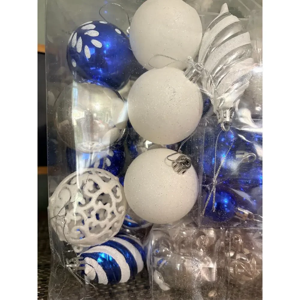 Blue White Silver Shatterproof Christmas Ornaments 130 Pc Set & Star